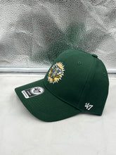Load image into Gallery viewer, Detailed view of the Oakland Athletics MLB &#39;47 Brand Throwback Green MVP Adjustable Hat highlighting the bold team logo and adjustable strap for comfort.
