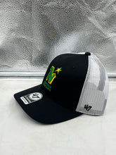 Load image into Gallery viewer, Side view of the Minnesota North Stars NHL &#39;47 Brand Black Trucker Mesh Adjustable Snapback Hat, highlighting the breathable mesh back and durable construction.
