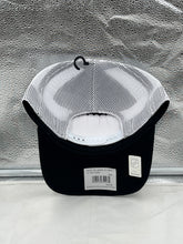 Load image into Gallery viewer, Close-up of the front of the Minnesota North Stars NHL &#39;47 Brand Black Trucker Mesh Adjustable Snapback Hat, featuring the iconic hockey team logo and stylish black design.
