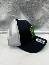 Load image into Gallery viewer, Minnesota North Stars NHL &#39;47 Brand Black Trucker Mesh Adjustable Snapback Hat showcasing adjustable snapback closure and durable construction.
