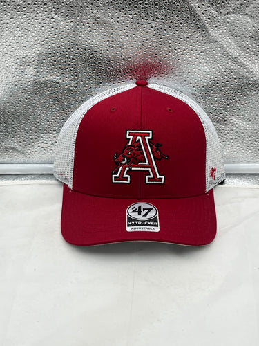 Arkansas Razorbacks NCAA '47 Brand Throwback Red Trucker Adjustable Snapback Hat displayed with vibrant red color and vintage design.