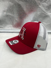 Load image into Gallery viewer, Close-up view of the Arkansas Razorbacks NCAA &#39;47 Brand Throwback Red Trucker Adjustable Snapback Hat showcasing the adjustable snapback feature.
