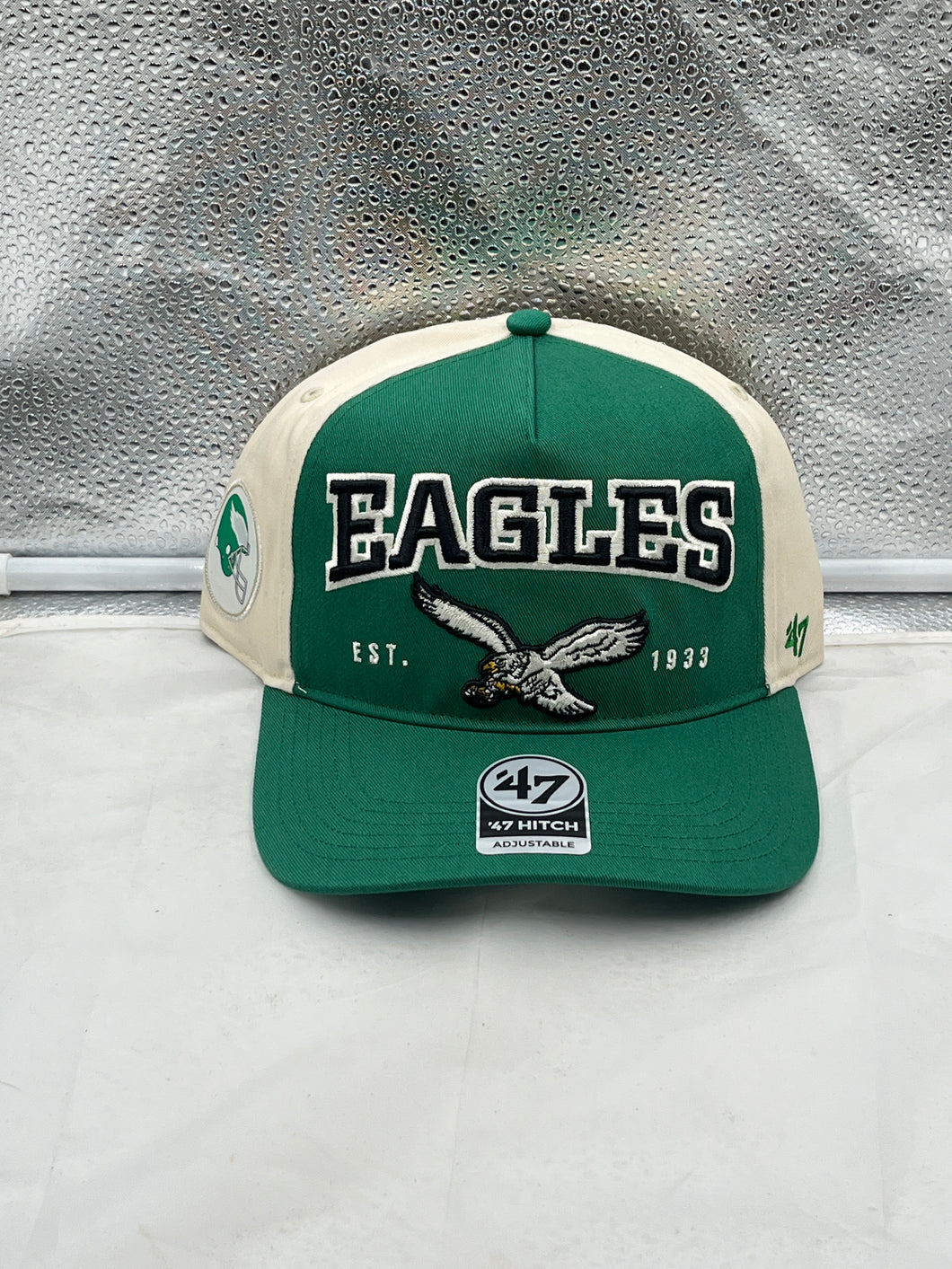 Philadelphia Eagles NFL '47 Throwback Green TT Hitch Snapback Adjustable Hat front view showcasing the iconic Eagles logo.