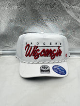 Load image into Gallery viewer, Wisconsin Badgers NCAA &#39;47 Brand White Hitch Script Rope Adjustable Snapback Hat showcasing the bold Badgers script logo on a white background.
