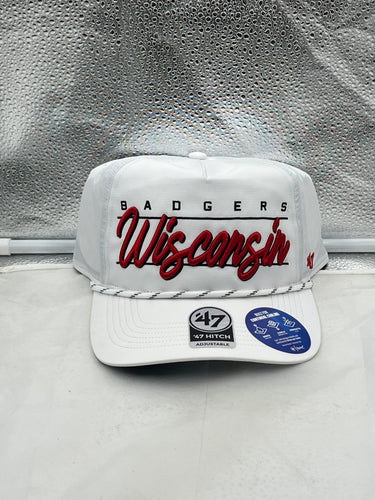 Wisconsin Badgers NCAA '47 Brand White Hitch Script Rope Adjustable Snapback Hat showcasing the bold Badgers script logo on a white background.