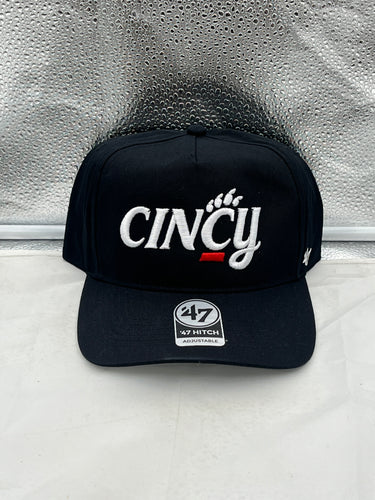 Cincinnati Bearcats NCAA '47 Brand Black Hitch Script Adjustable Snapback Hat displayed from the front angle, showcasing its stylish design for fans.