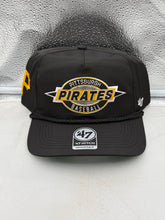 Load image into Gallery viewer, Pittsburgh Pirates MLB '47 Brand Black Hitch Rope Adjustable Snapback Hat, showcasing the iconic Pirates logo on a stylish black background.
