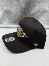 Load image into Gallery viewer, Detailed view of the Pittsburgh Pirates MLB '47 Brand Black Hitch Rope Adjustable Snapback Hat, highlighting its quality stitching and durable materials.
