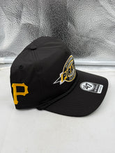 Load image into Gallery viewer, Pittsburgh Pirates MLB '47 Brand Black Hitch Rope Adjustable Snapback Hat displayed against a casual outfit, illustrating its versatile style.
