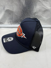 Load image into Gallery viewer, Close-up of Detroit Tigers MLB '47 Brand Throwback Navy Hitch Rope Adjustable Snapback Hat showcasing the iconic Tigers logo.
