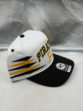 Load image into Gallery viewer, Pittsburgh Pirates MLB '47 Brand White TT Diamond Hitch Adjustable Snapback Hat laid flat on a wooden surface for a detailed look.
