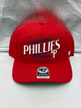 Load image into Gallery viewer, Philadelphia Phillies MLB '47 Brand Red Hitch Adjustable Snapback Hat displayed on a mannequin, showcasing its classic design and iconic logo.
