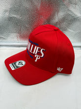Load image into Gallery viewer, Close-up of the Philadelphia Phillies MLB '47 Brand Red Hitch Adjustable Snapback Hat detailing the high-quality fabric and adjustable snapback feature.
