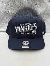 Load image into Gallery viewer, New York Yankees MLB '47 Brand Navy Hitch Adjustable Snapback Hat displayed from the front showing the embroidered Yankees logo.
