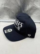 Load image into Gallery viewer, Side view of the New York Yankees MLB '47 Brand Navy Hitch Adjustable Snapback Hat illustrating the adjustable snapback closure.
