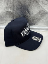 Load image into Gallery viewer, Close-up image of the New York Yankees MLB '47 Brand Navy Hitch Adjustable Snapback Hat featuring the high-quality fabric and stitching.
