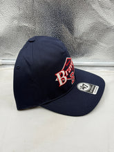Load image into Gallery viewer, Atlanta Braves MLB '47 Brand Throwback Navy Hitch Adjustable Snapback Hat styled with casual wear, perfect for game day.
