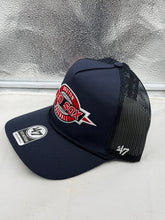 Load image into Gallery viewer, Front view of Boston Red Sox MLB '47 Brand Throwback Navy Hitch Rope Adjustable Snapback Hat featuring the iconic Red Sox logo and vintage throwback style.
