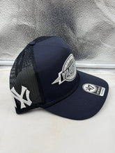 Load image into Gallery viewer, Worn view of the New York Yankees MLB '47 Brand Throwback Navy Hitch Rope Adjustable Snapback Hat demonstrating its stylish fit and comfort.
