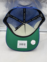 Load image into Gallery viewer, Flat lay of the New York Mets MLB '47 Brand Throwback Blue Hitch Rope Adjustable Snapback Hat with casual outfit elements.
