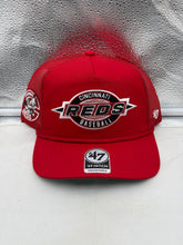 Load image into Gallery viewer, Cincinnati Reds MLB '47 Brand Throwback Red Hitch Rope Adjustable Snapback Hat showing front view with iconic logo and vibrant red color.
