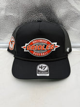 Load image into Gallery viewer, Baltimore Orioles MLB '47 Throwback Black Hitch Rope Adjustable Snapback Hat displayed from the front highlighting the retro design with a stylish rope along the brim.
