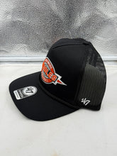 Load image into Gallery viewer, Side view of the Baltimore Orioles MLB '47 Throwback Black Hitch Rope Adjustable Snapback Hat showcasing its adjustable snapback closure for a comfortable fit.
