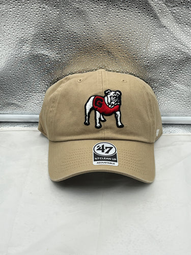 Image of the Georgia Bulldogs NCAA '47 Throwback Khaki Clean Up Adjustable Strapback Hat showcasing a stylish and casual design, perfect for game day.