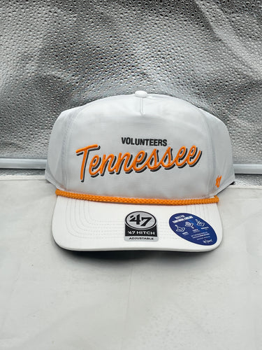 Tennessee Volunteers NCAA '47 Brand White Hitch Rope Adjustable Snapback Hat featuring vibrant logo and retro rope detail.
