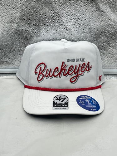 Ohio State Buckeyes NCAA '47 Brand White Hitch Rope Adjustable Snapback Hat displayed on a wooden table.