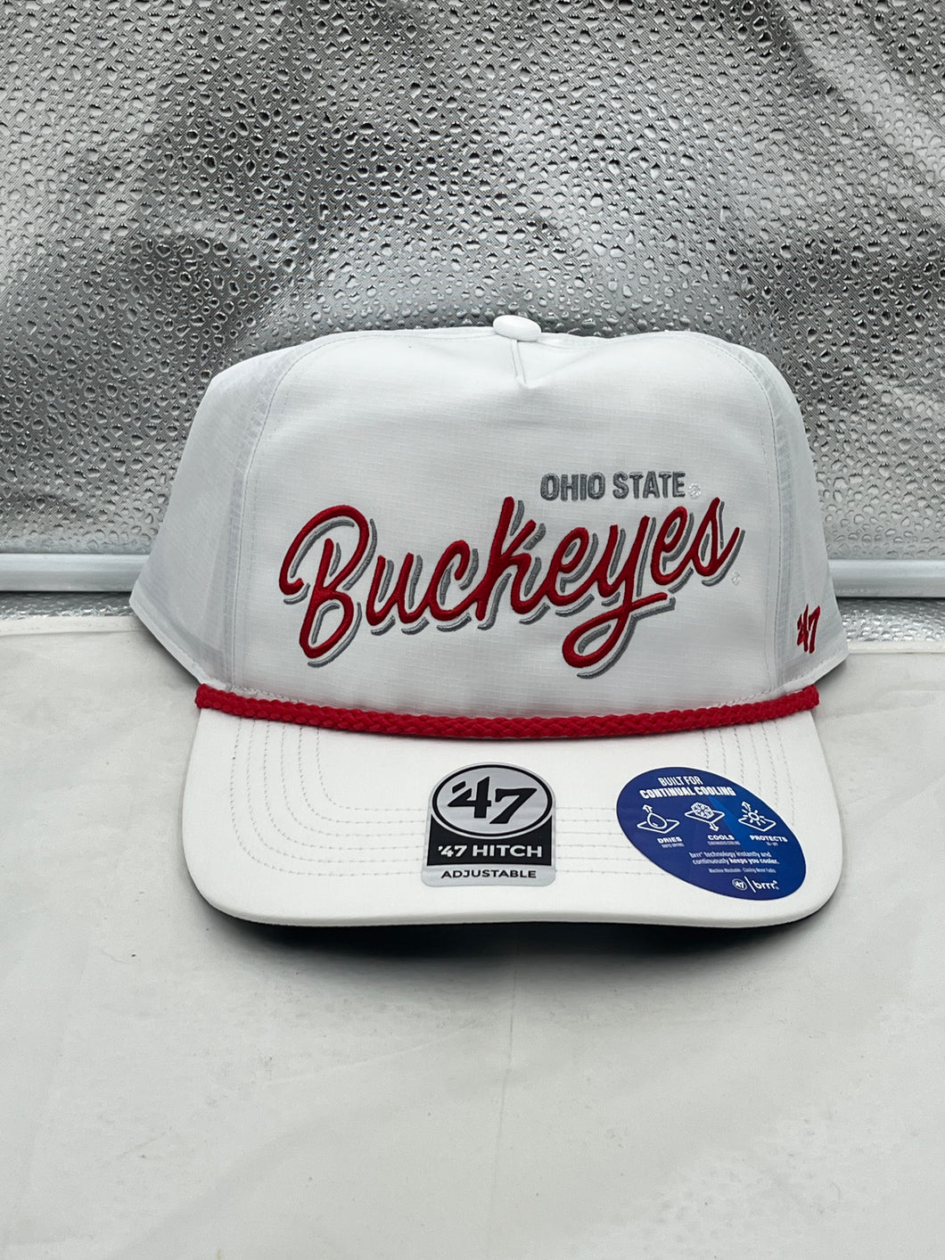 Ohio State Buckeyes NCAA '47 Brand White Hitch Rope Adjustable Snapback Hat displayed on a wooden table.