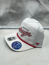 Load image into Gallery viewer, Close-up view of the Ohio State Buckeyes NCAA &#39;47 Brand White Hitch Rope Adjustable Snapback Hat featuring the iconic logo and rope detail.

