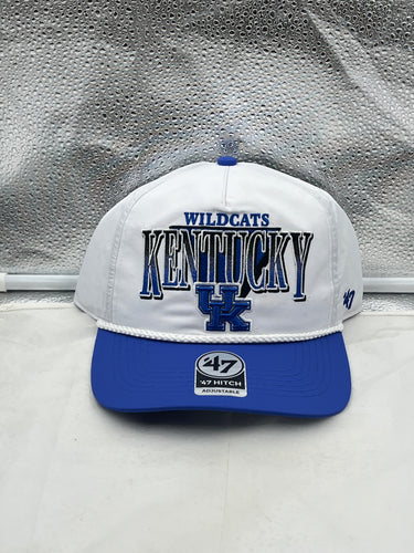 Kentucky Wildcats NCAA '47 Brand White TT Hitch Rope Adjustable Snapback Hat displayed on a mannequin showcasing its stylish design.