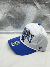 Load image into Gallery viewer, Close-up of the Kentucky Wildcats NCAA &#39;47 Brand White TT Hitch Rope Adjustable Snapback Hat highlighting the rope detail and adjustable snapback feature.
