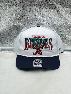 Atlanta Braves MLB '47 Brand White TT Hitch Rope Adjustable Snapback Hat displaying a stylish design with a rope detail and bold team logo, perfect for game days.