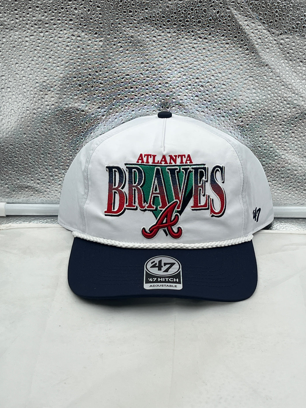 Atlanta Braves MLB '47 Brand White TT Hitch Rope Adjustable Snapback Hat displaying a stylish design with a rope detail and bold team logo, perfect for game days.