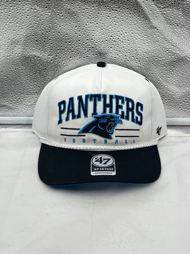 Carolina Panthers NFL '47 White TT Roscoe Hitch Rope Snapback Adjustable Hat, showcasing the iconic team logo on a stylish white background.