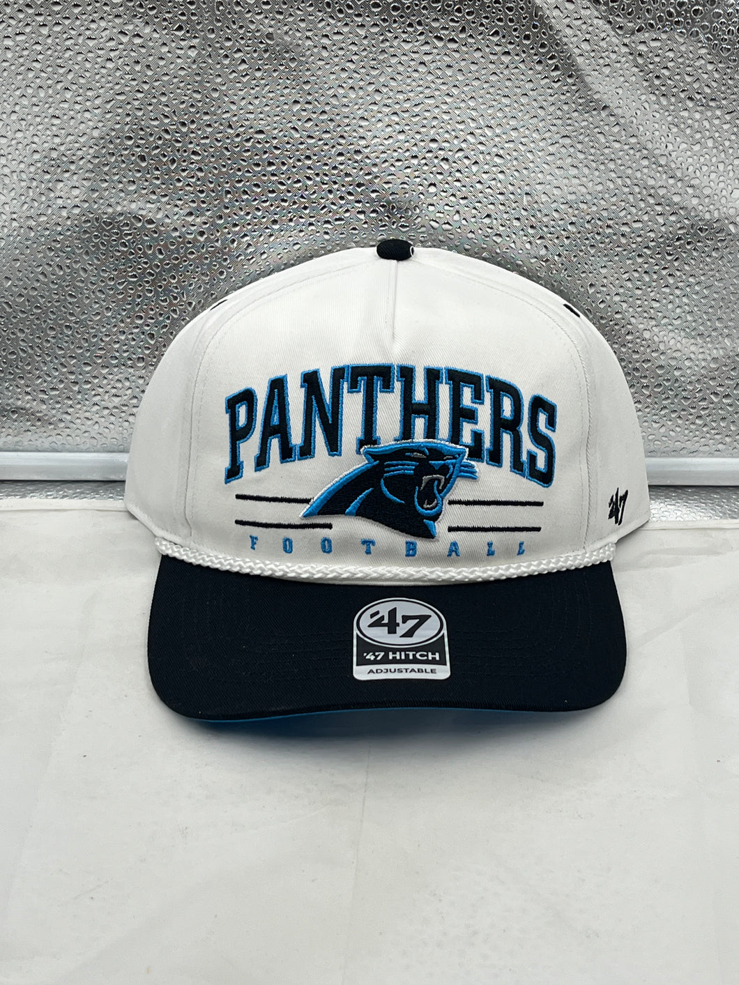 Carolina Panthers NFL '47 White TT Roscoe Hitch Rope Snapback Adjustable Hat, showcasing the iconic team logo on a stylish white background.