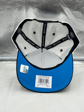 Load image into Gallery viewer, Side view of the Carolina Panthers NFL &#39;47 White TT Roscoe Hitch Rope Snapback Adjustable Hat featuring an adjustable strap for a comfortable fit.
