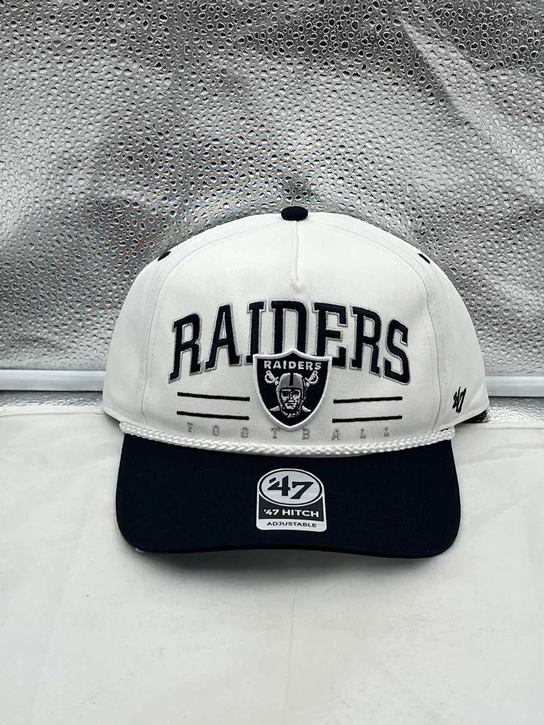 Las Vegas Raiders NFL '47 White TT Roscoe Hitch Rope Snapback Adjustable Hat displayed on a white background showcasing its classic design and logo.