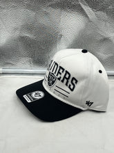 Load image into Gallery viewer, Close-up view of the Las Vegas Raiders NFL &#39;47 White TT Roscoe Hitch Rope Snapback Adjustable Hat highlighting the unique rope detail and Raiders logo.

