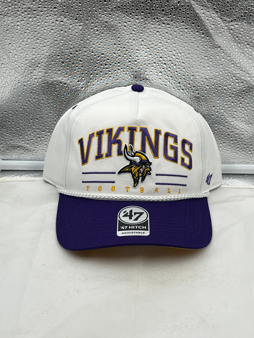 Minnesota Vikings NFL '47 White TT Roscoe Hitch Rope Snapback Adjustable Hat showcasing the unique rope detail and vibrant colors, perfect for team spirit.