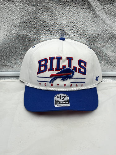 Buffalo Bills NFL '47 White TT Roscoe Hitch Rope Snapback Adjustable Hat showcasing its classic rope design and embroidered logo.