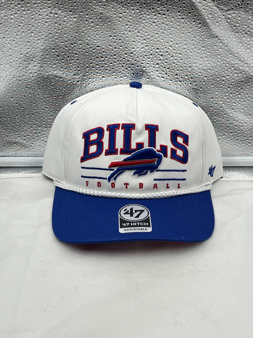 Buffalo Bills NFL '47 White TT Roscoe Hitch Rope Snapback Adjustable Hat showcasing its classic rope design and embroidered logo.