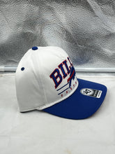 Load image into Gallery viewer, Buffalo Bills NFL &#39;47 White TT Roscoe Hitch Rope Snapback Adjustable Hat showcasing its vintage rope detail, embroidered logo, and adjustable snapback for a perfect fit.
