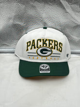 Load image into Gallery viewer, Green Bay Packers NFL &#39;47 White TT Roscoe Hitch Rope Snapback Adjustable Hat displayed at a 45-degree angle, showcasing its classic white color and prominent Packers logo for fans.
