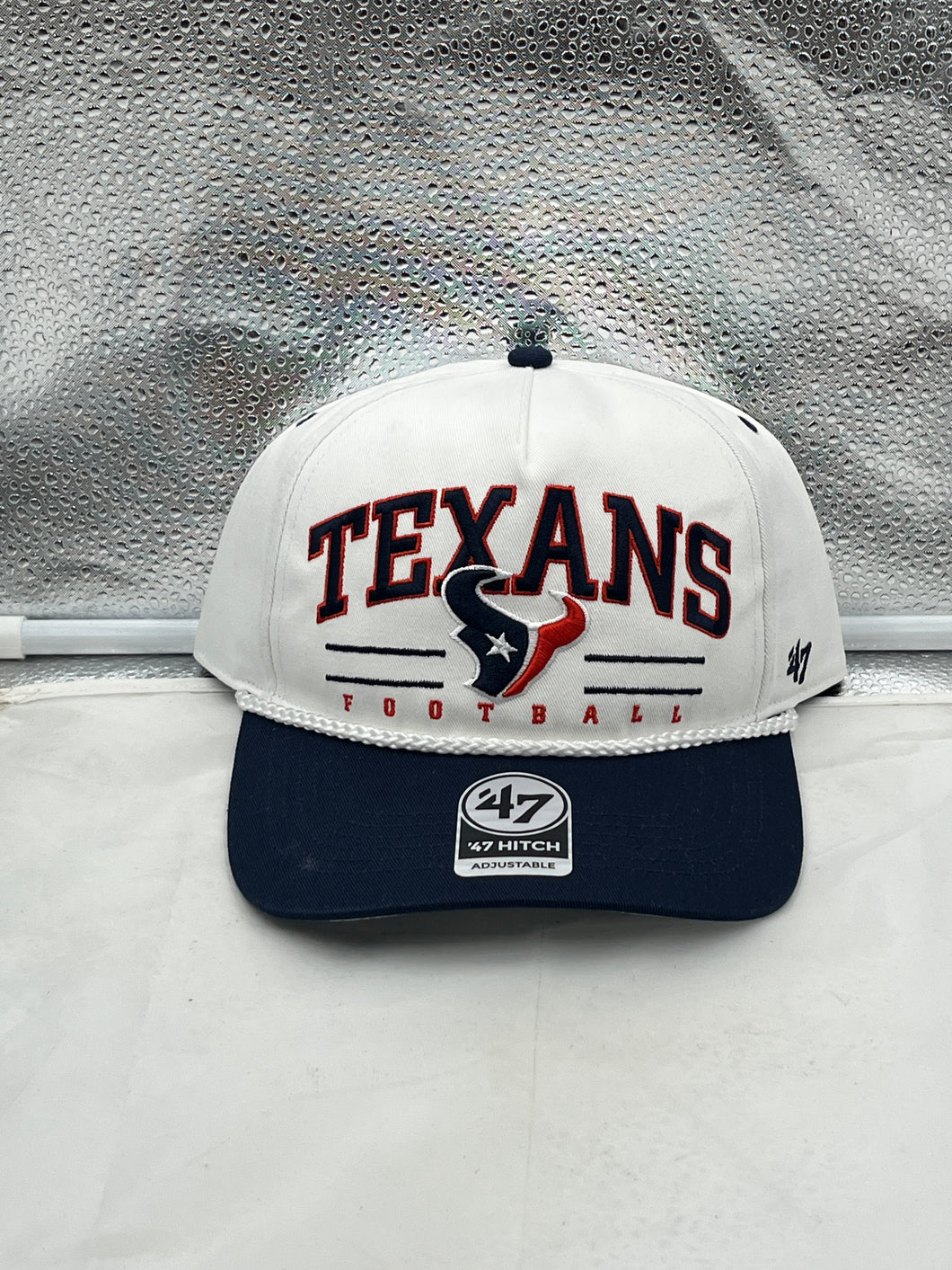 Houston Texans NFL '47 White TT Roscoe Hitch Rope Snapback Adjustable Hat showcasing the prominent Texans logo in a trendy design.