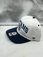 Load image into Gallery viewer, Close-up of the Tennessee Titans NFL &#39;47 White TT Roscoe Hitch Rope Snapback Adjustable Hat highlighting the comfortable snapback design and breathable fabric.
