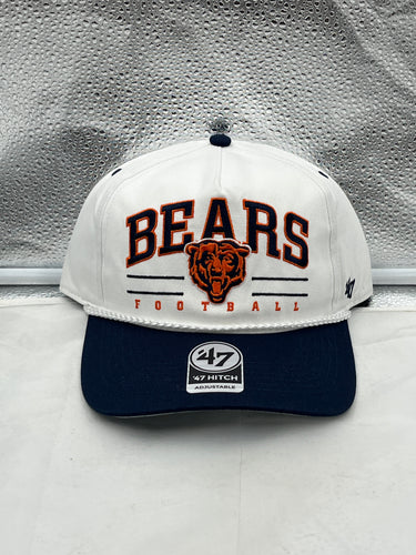 Chicago Bears NFL '47 White TT Roscoe Hitch Rope Snapback Adjustable Hat showcasing its white color and vintage rope detailing on a neutral background.