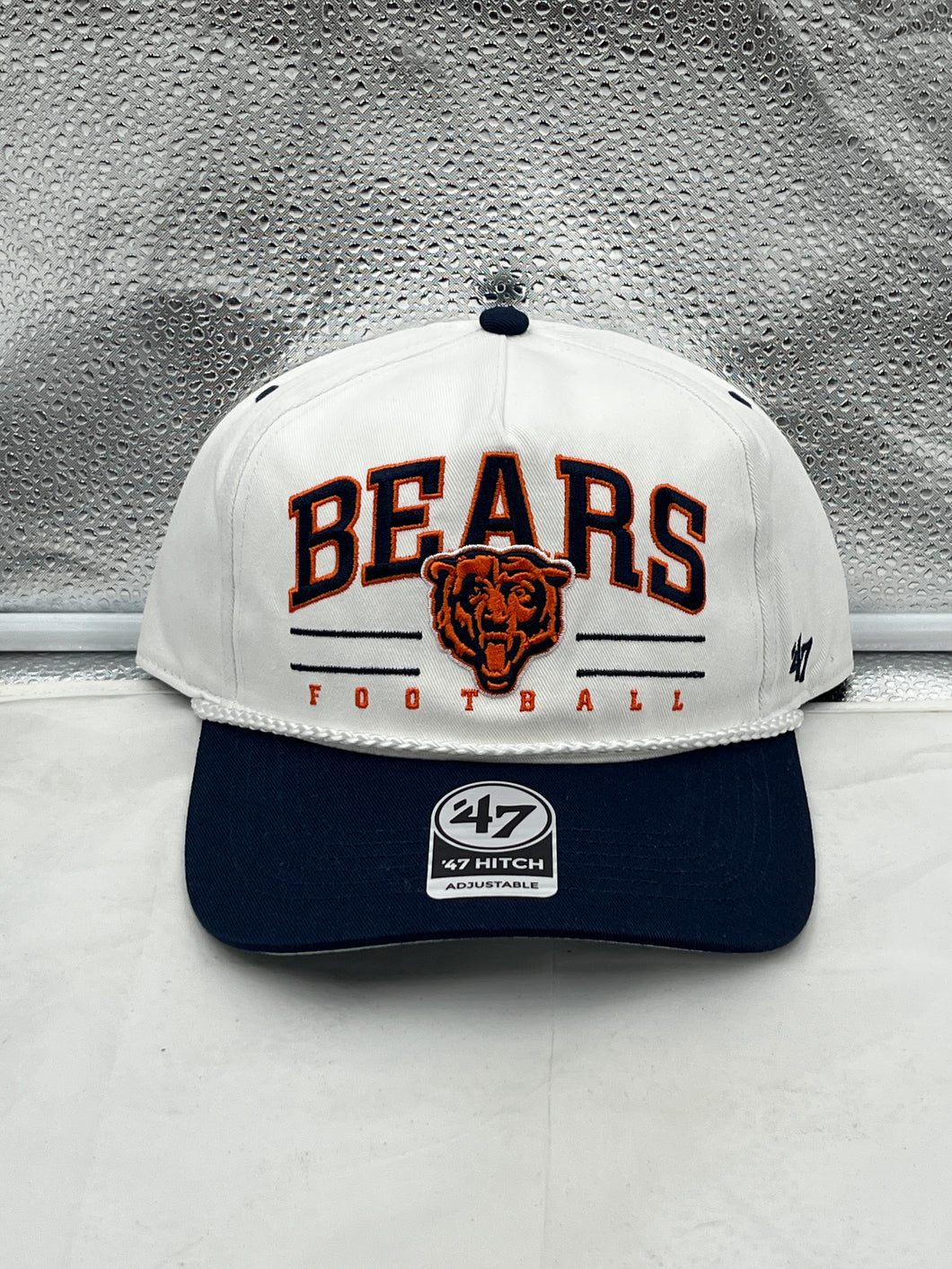 Chicago Bears NFL '47 White TT Roscoe Hitch Rope Snapback Adjustable Hat showcasing its white color and vintage rope detailing on a neutral background.